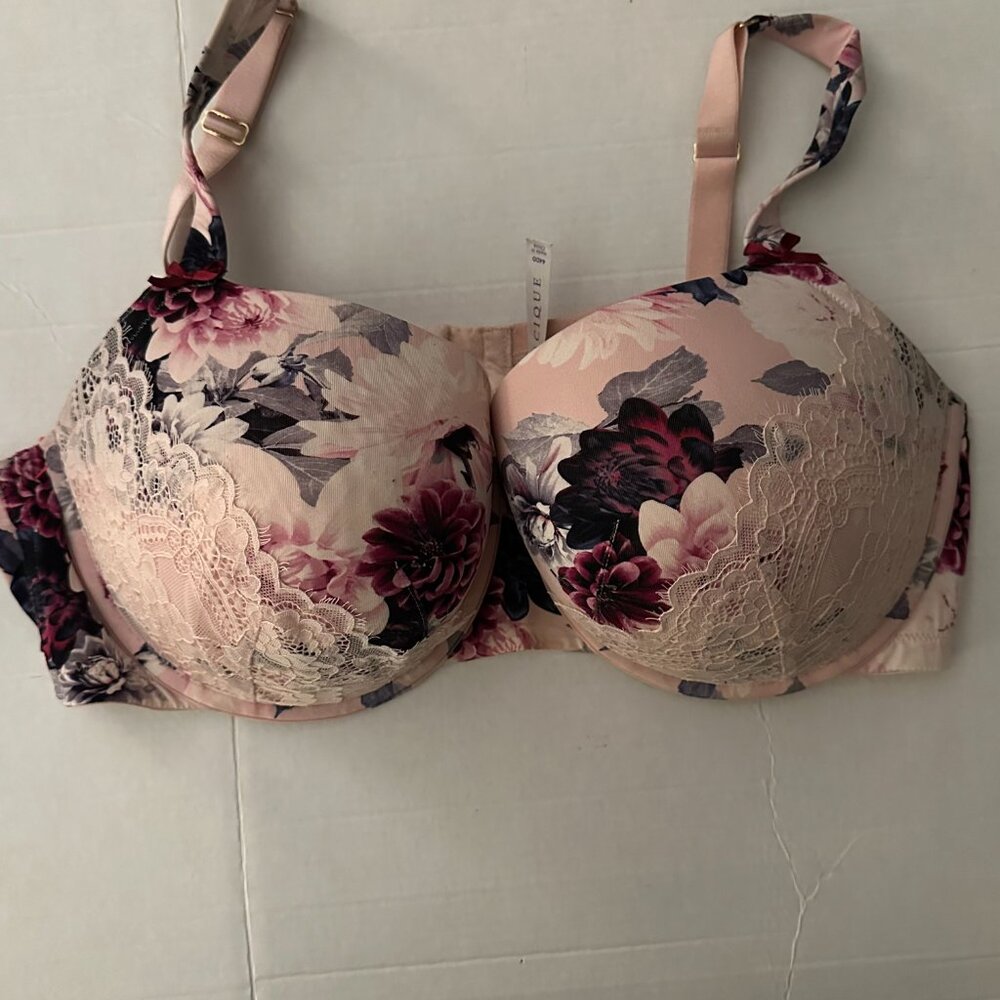 Cacique Lane Bryant 44DD Floral Lace Underwire Bra Full Coverage Pink Burgundy